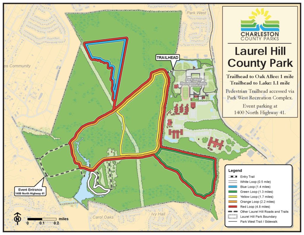 A trail map of Laurel Hill County Park in Mt Pleasant, SC 
